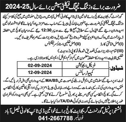 Latest Government Graduate College For Women Faisalabad New Jobs 2024 Apply Online