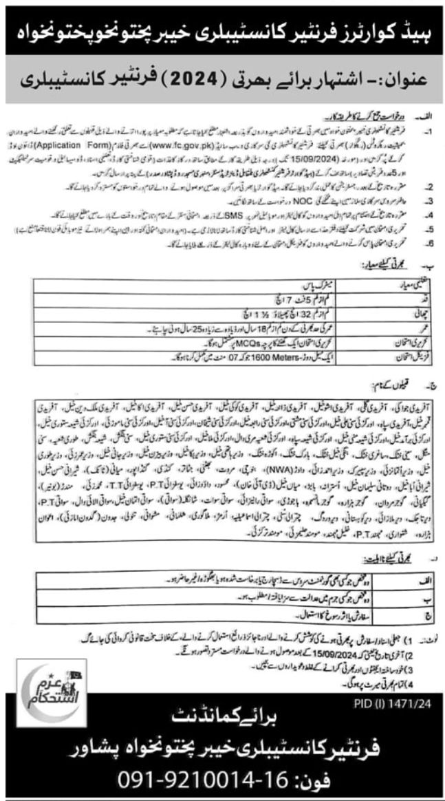 FC Jobs 2024 Frontier Constabulary (FC) Apply Online