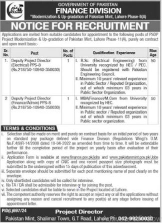 Finance Division Lahore Latest Job Vacancies Deputy Project Director 2024