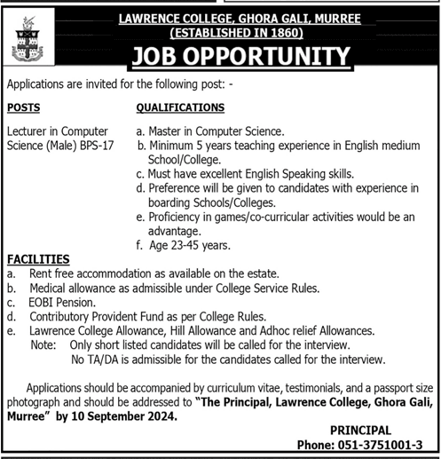 New Jobs 2024 Lawrence College  Murree Apply Online