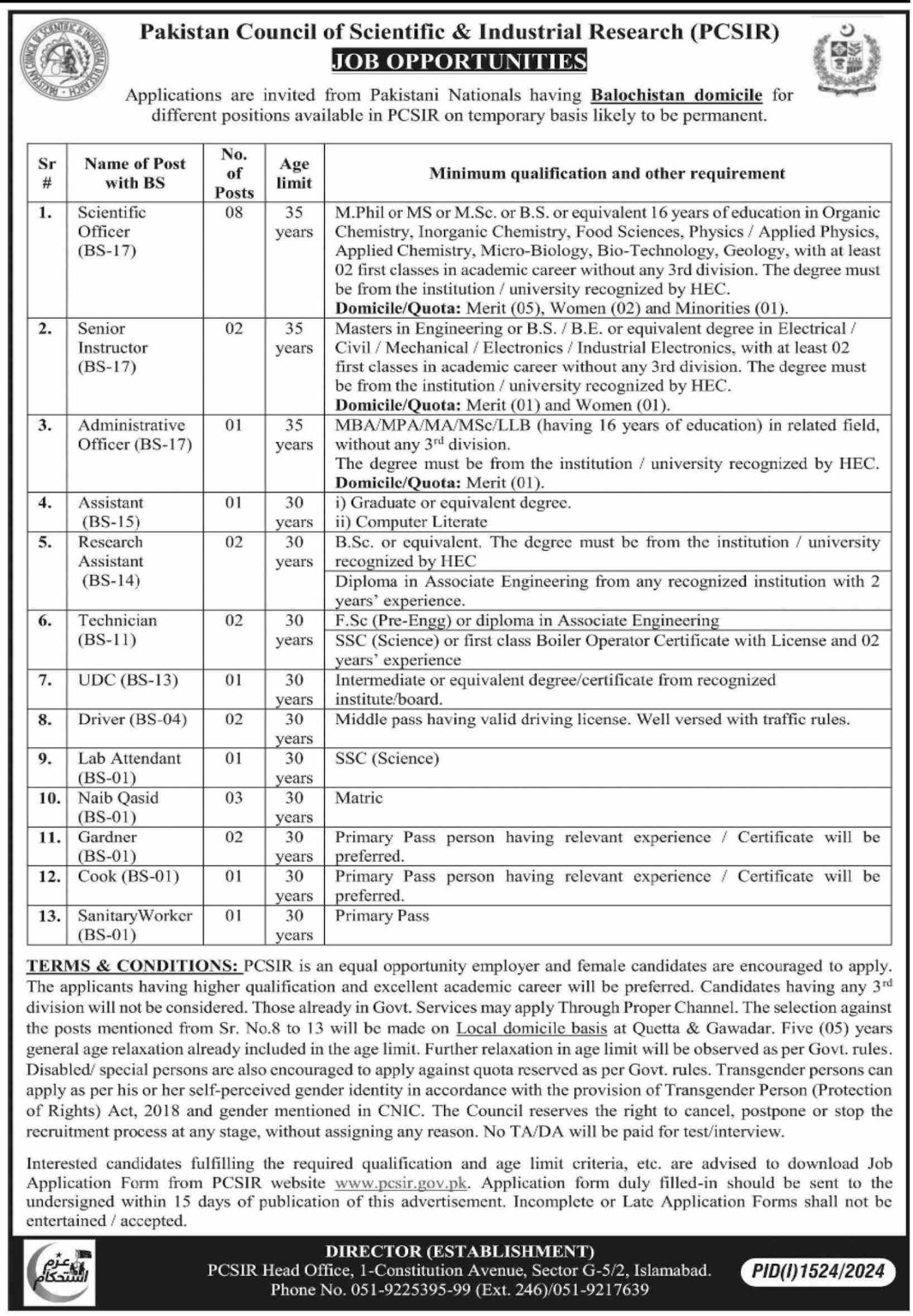 New Jobs 2024 Pakistan Council of Scientific & Industrial Research (PCSIR) Apply Online