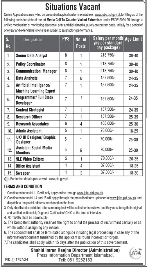 Press Information Department (PID) Jobs 2024 Media Cell to Counter