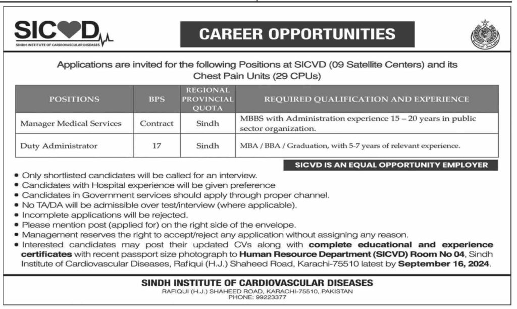 Nwe Jobs 2024  Sindh Institute of Cardiovascular Diseases (SICVD) Apply Online