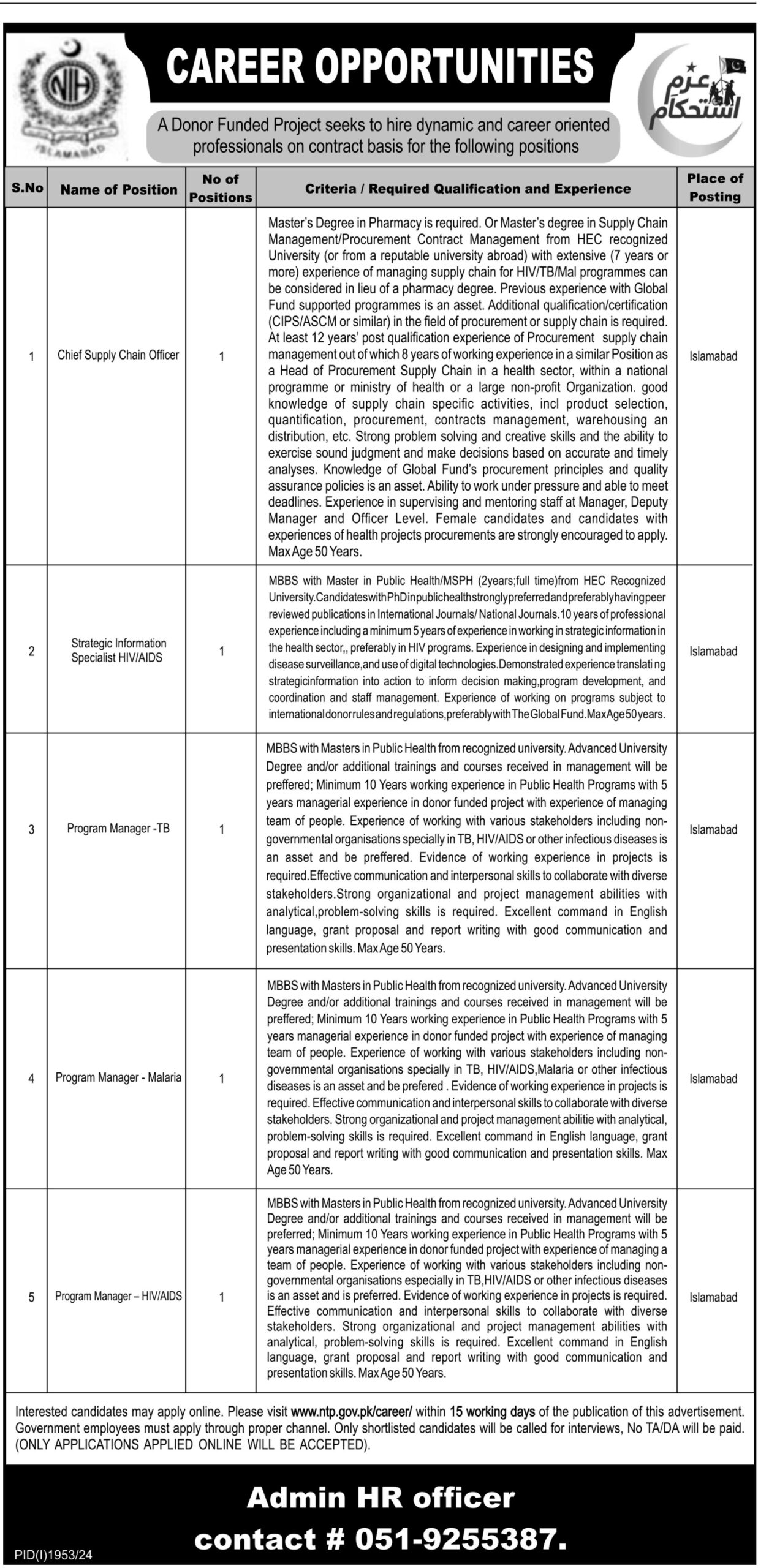 National TB Control Program Jobs 2024 – Donor Funded Project