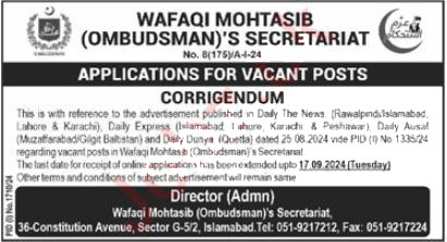 Wafaqi Mohtasib Ombudsman Secretariat Jobs 2024 Career Opportunity in Islamabad