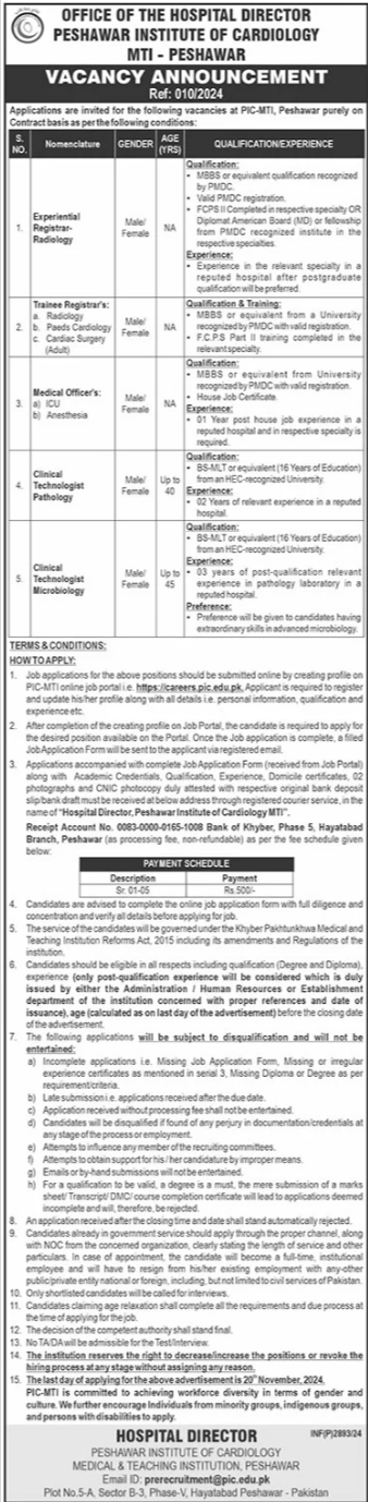 Latest Peshawar Institute Of Cardiology PIC Jobs 2024 - Apply Now