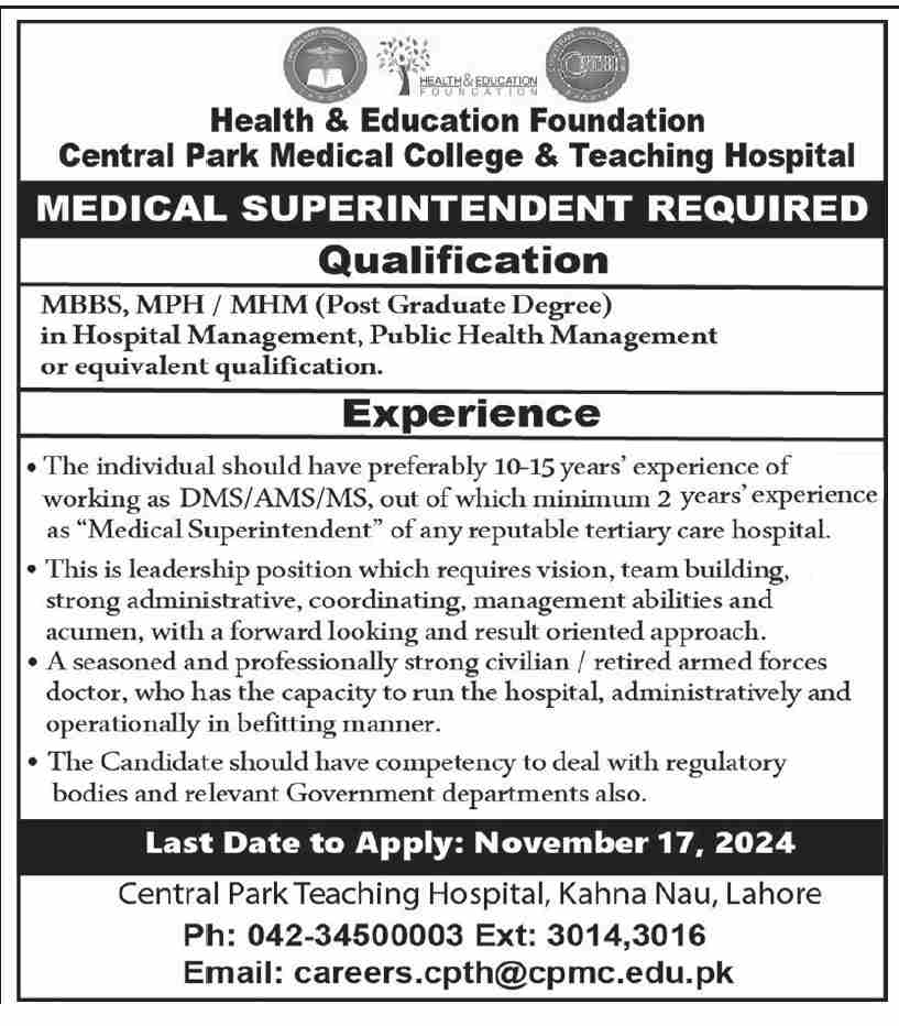 Central Park Teaching Hospital Lahore Jobs 2024 For Required Medical Staff