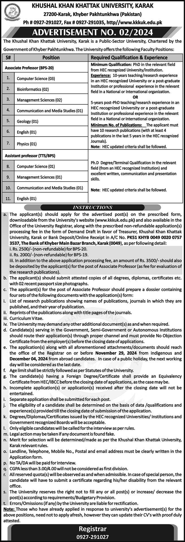 Teaching Jobs At Khushal Khan Khattak University 2024 Advertisement