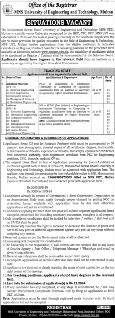 Latest MNS University of Engineering and Technology Multan Jobs 2024 