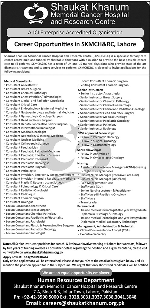 Shaukat Khanum Memorial Cancer Hospital (SKMCH&RC) Lahore New Jobs 2024