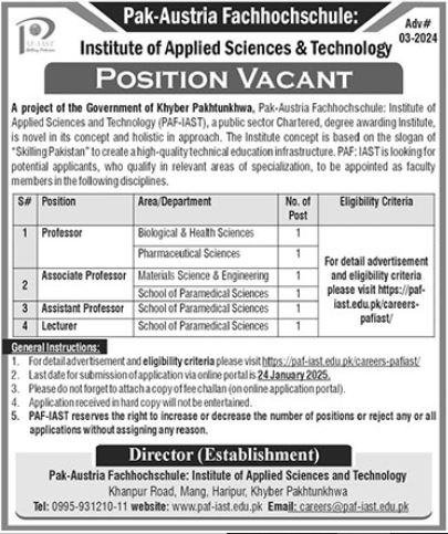 PAF IAST Institute of Applied Sciences & Technology Jobs 2025