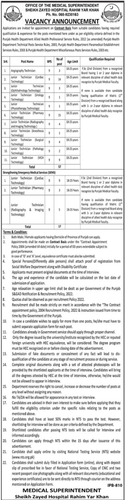 Sheikh Zayed Hospital Rahim Yar Khan Jobs 2025