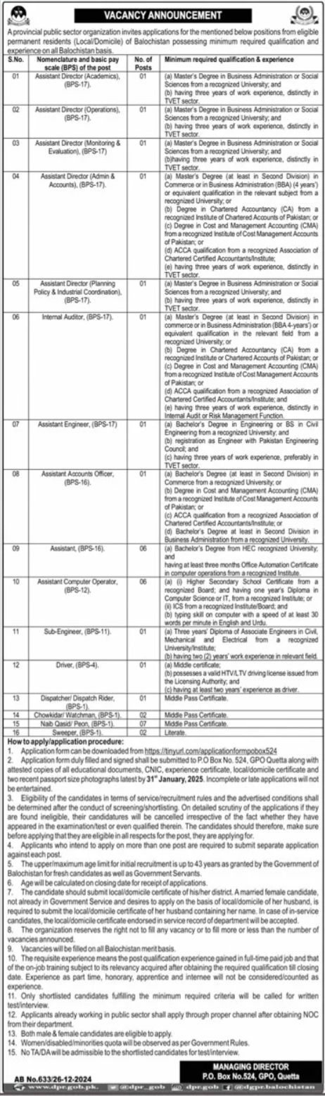 Situations Vacant at Public Sector Organization