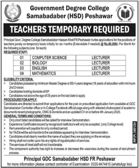 Government Degree College Peshawar Jobs 2024 – Teaching Opportunities