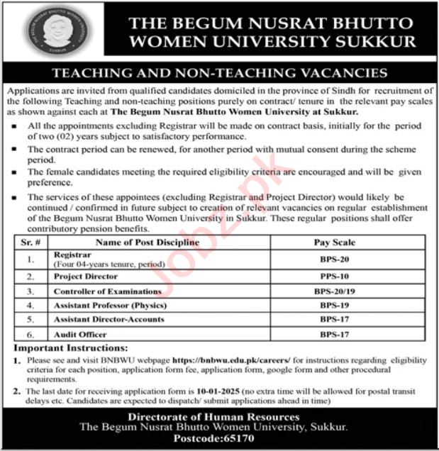 Exciting Career Opportunities at The Begum Nusrat Bhutto Women University Sukkur